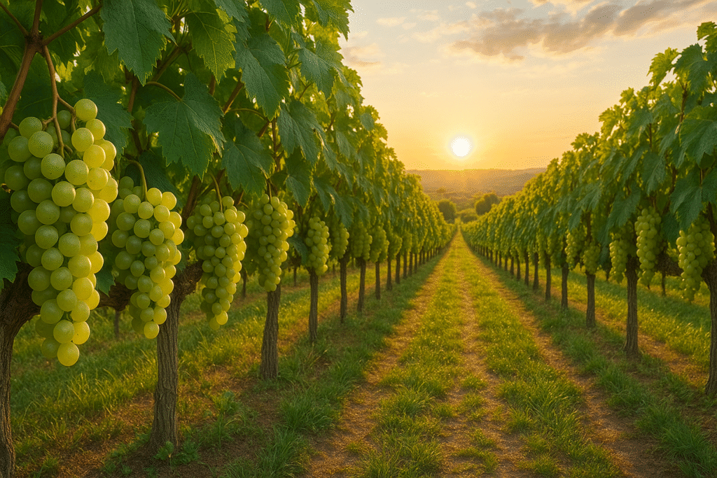 macines are plucking the grapes in the field